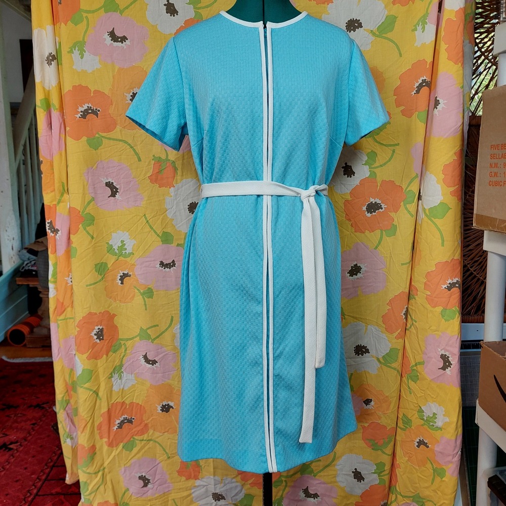 Vintage 1960s Sears Fashions Blue Half Zip House Dress Lounger Belted Womens L